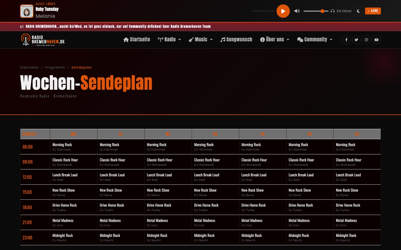 Wochen-Sendeplan mit Sendungen und Moderatoren in der Radio-Website-Demo
