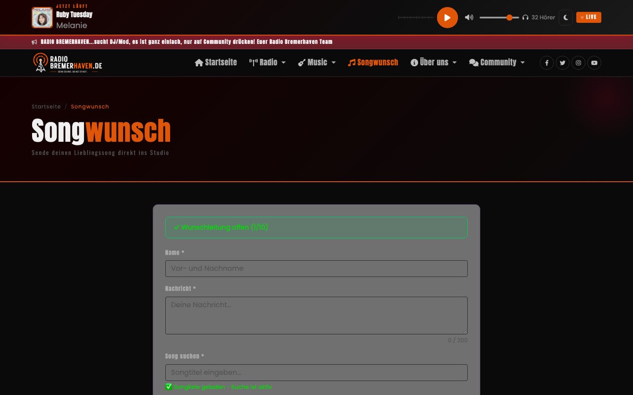 Songwunsch-Formular mit Songsuche in der Radio-Website-Demo
